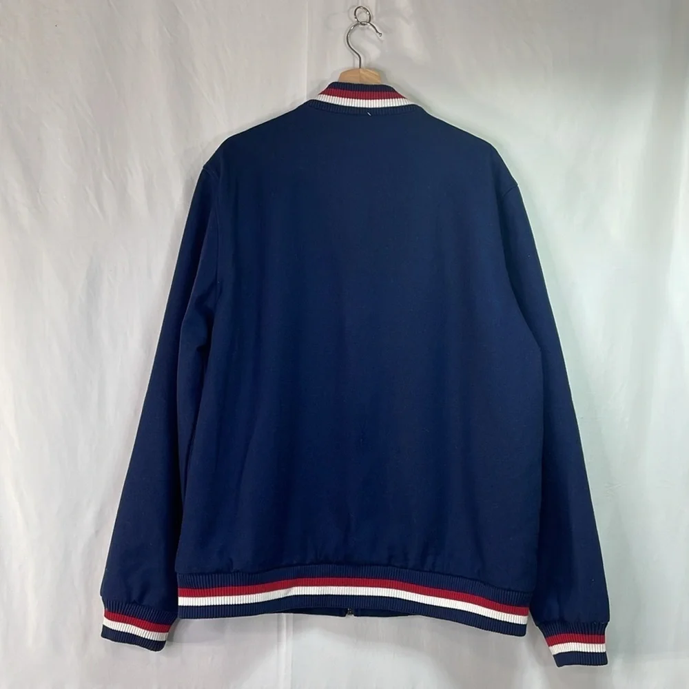 🛵 nwt Huf navy blue wool varsity jacket with red white and blue ribbed trim